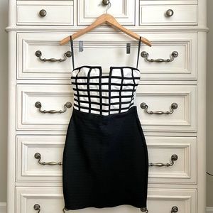 2B Bebe strapless cream and black dress.